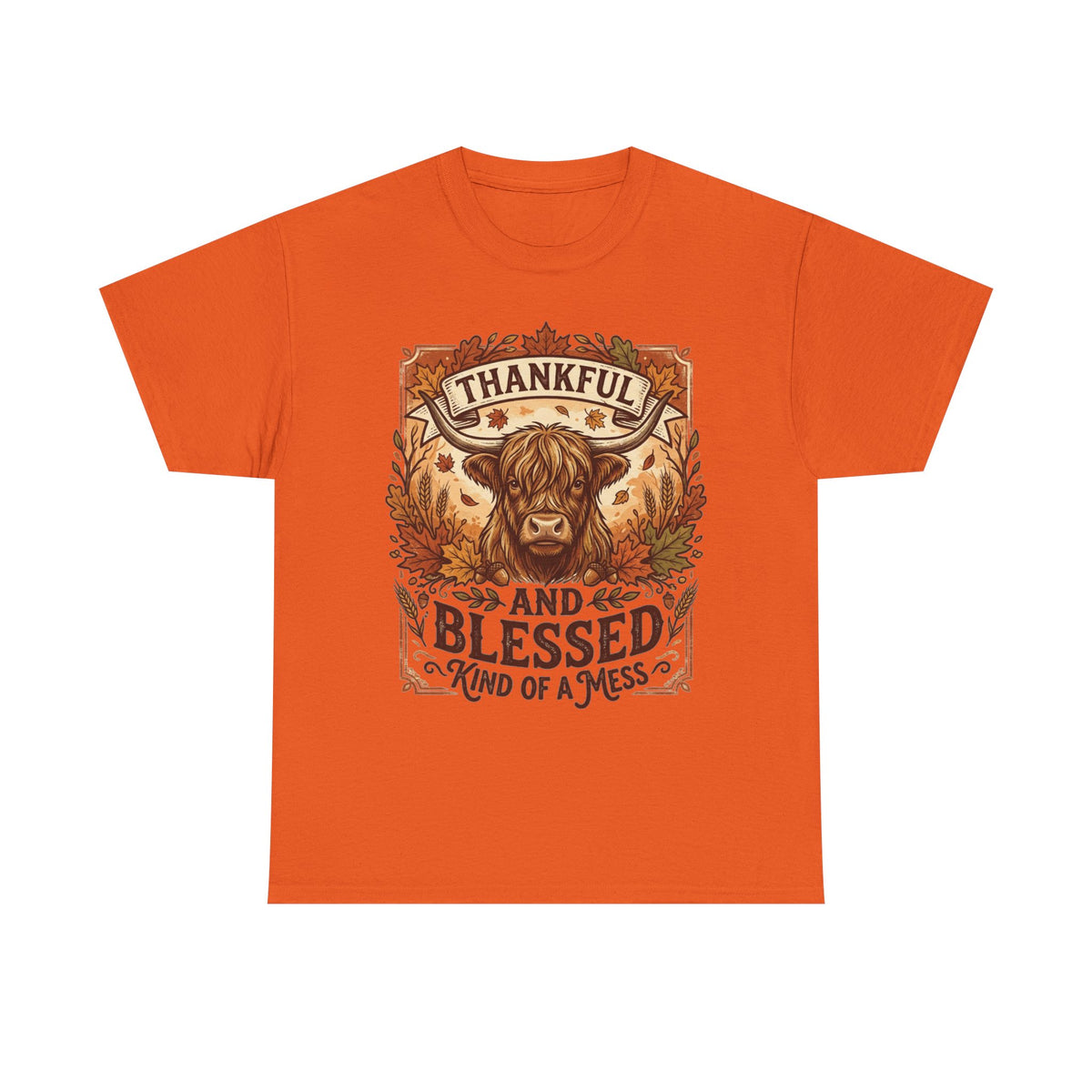 Thankful and Blessed Tee — Rustic Autumn Cow Graphic Shirt