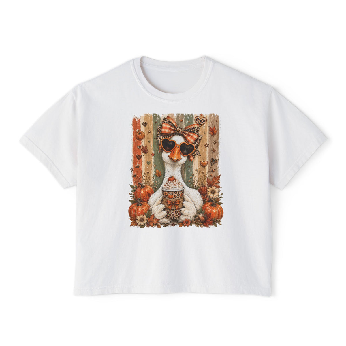Fall Goose Boxy Tee — Cute Pumpkin Latte Graphic Women's Shirt