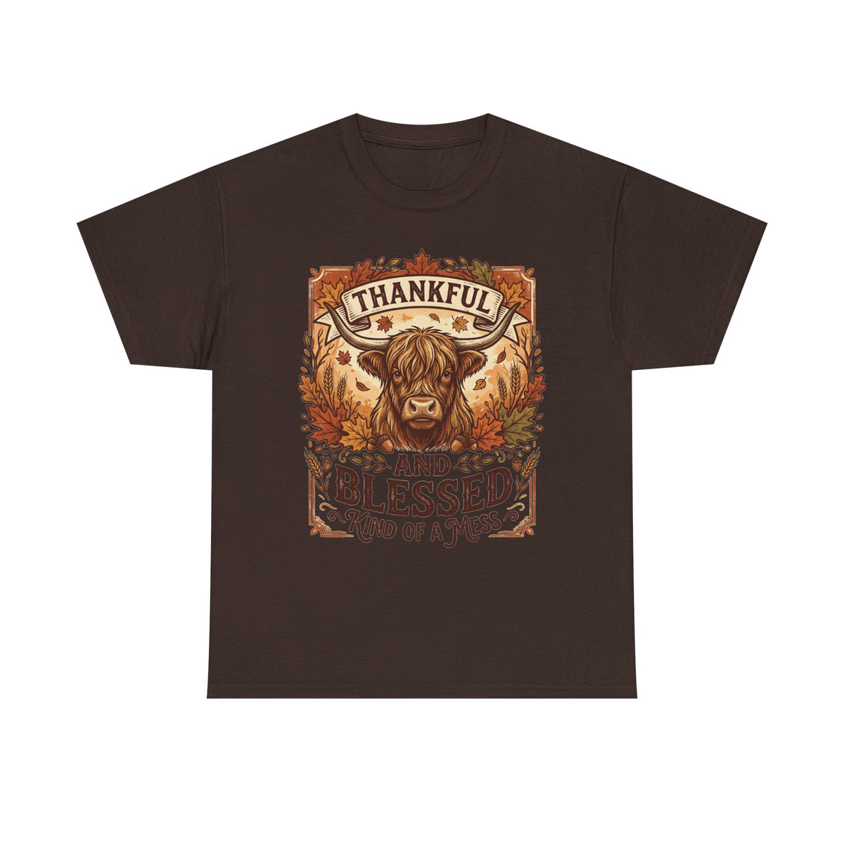 Thankful and Blessed Tee — Rustic Autumn Cow Graphic Shirt