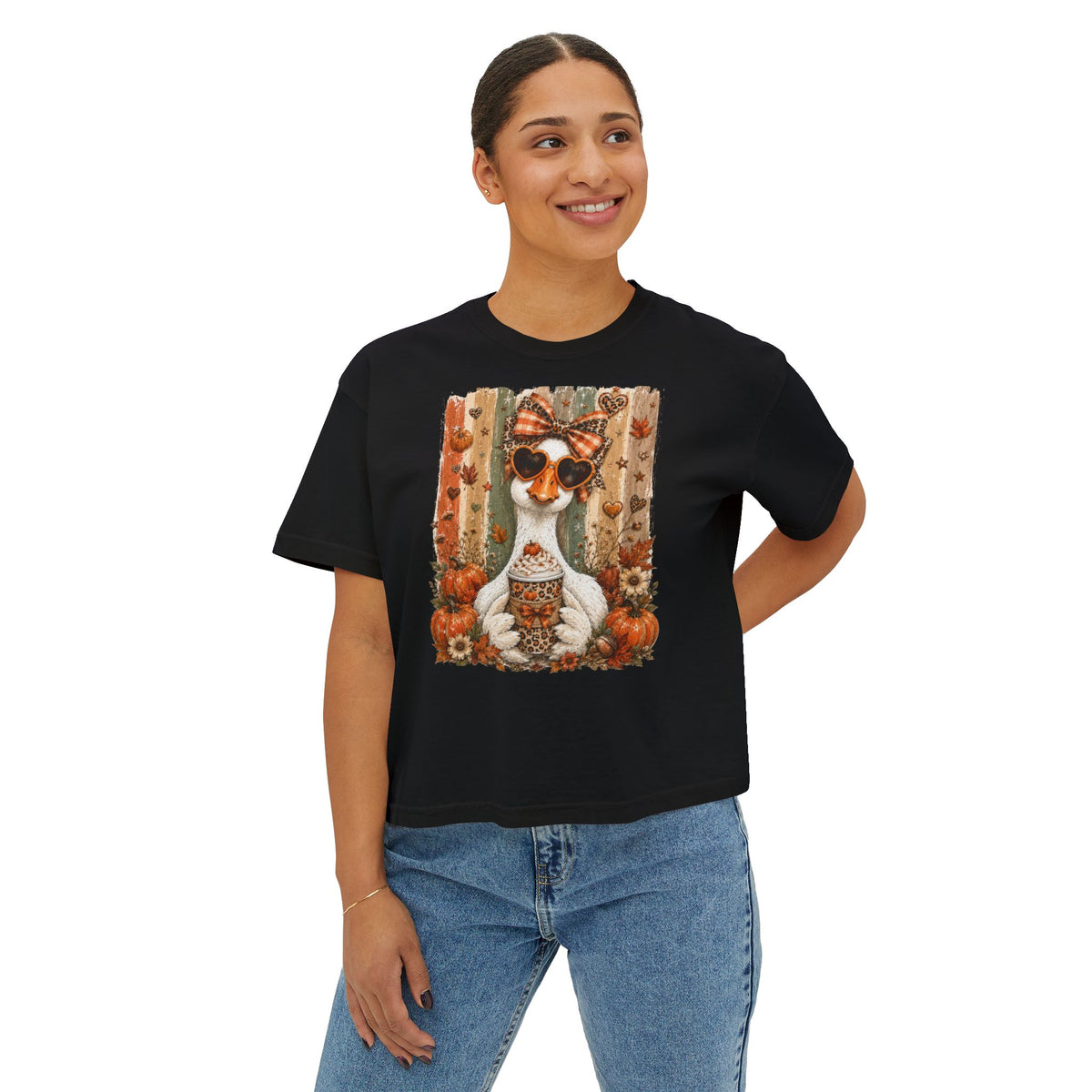 Fall Goose Boxy Tee — Cute Pumpkin Latte Graphic Women's Shirt
