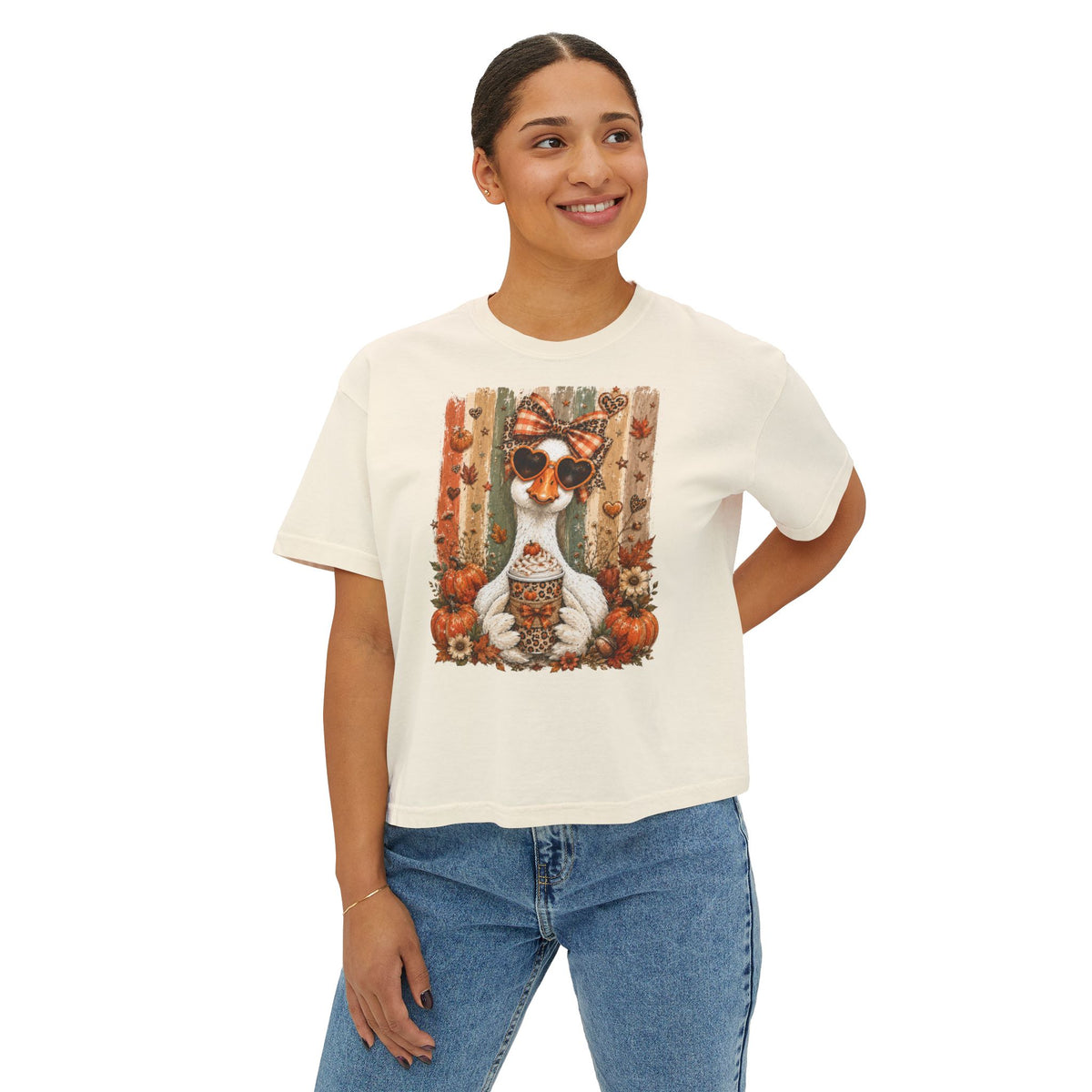 Fall Goose Boxy Tee — Cute Pumpkin Latte Graphic Women's Shirt