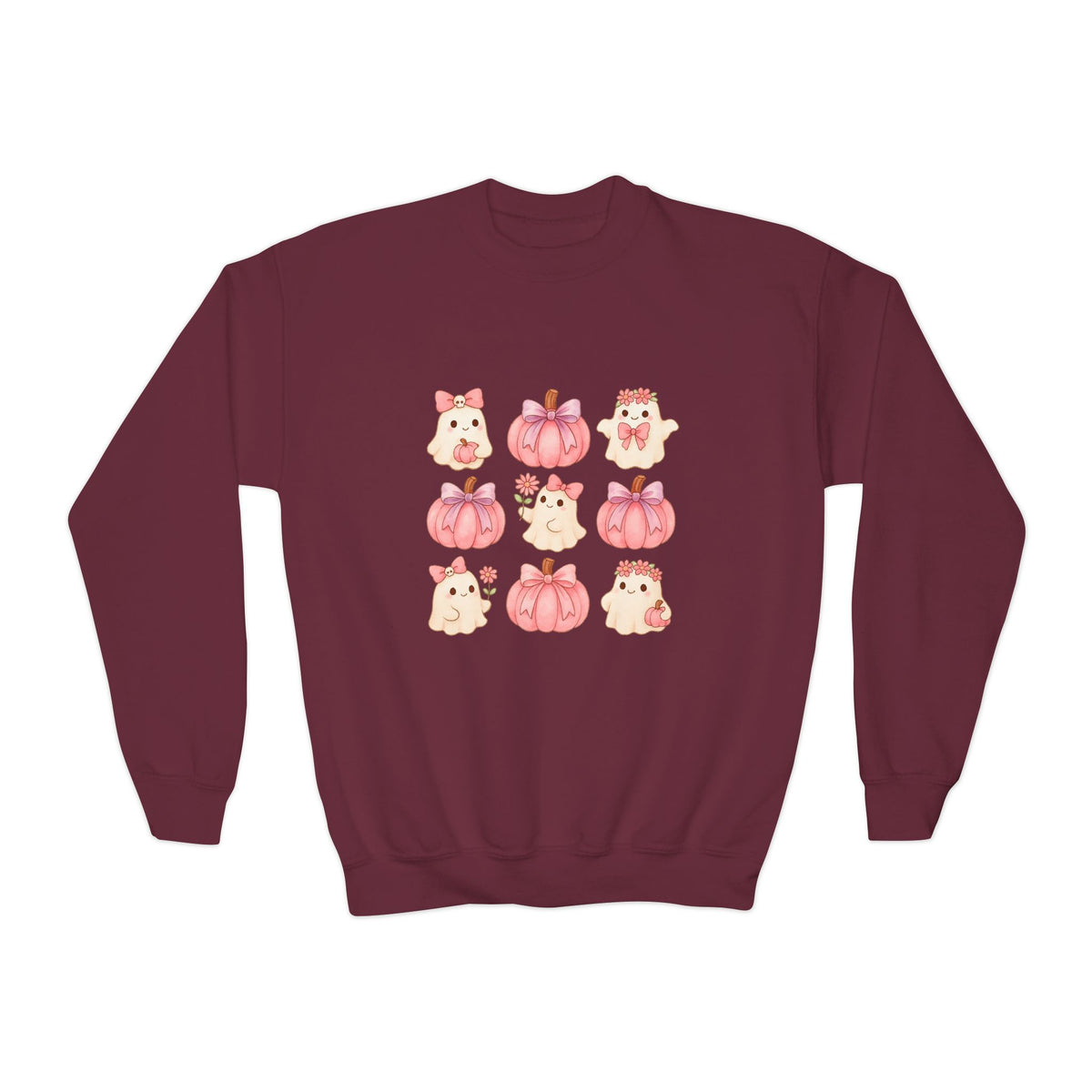 Kids' Cute Pink Pumpkins & Ghost Crewneck Sweatshirt — Fall Halloween Cozy Pullover