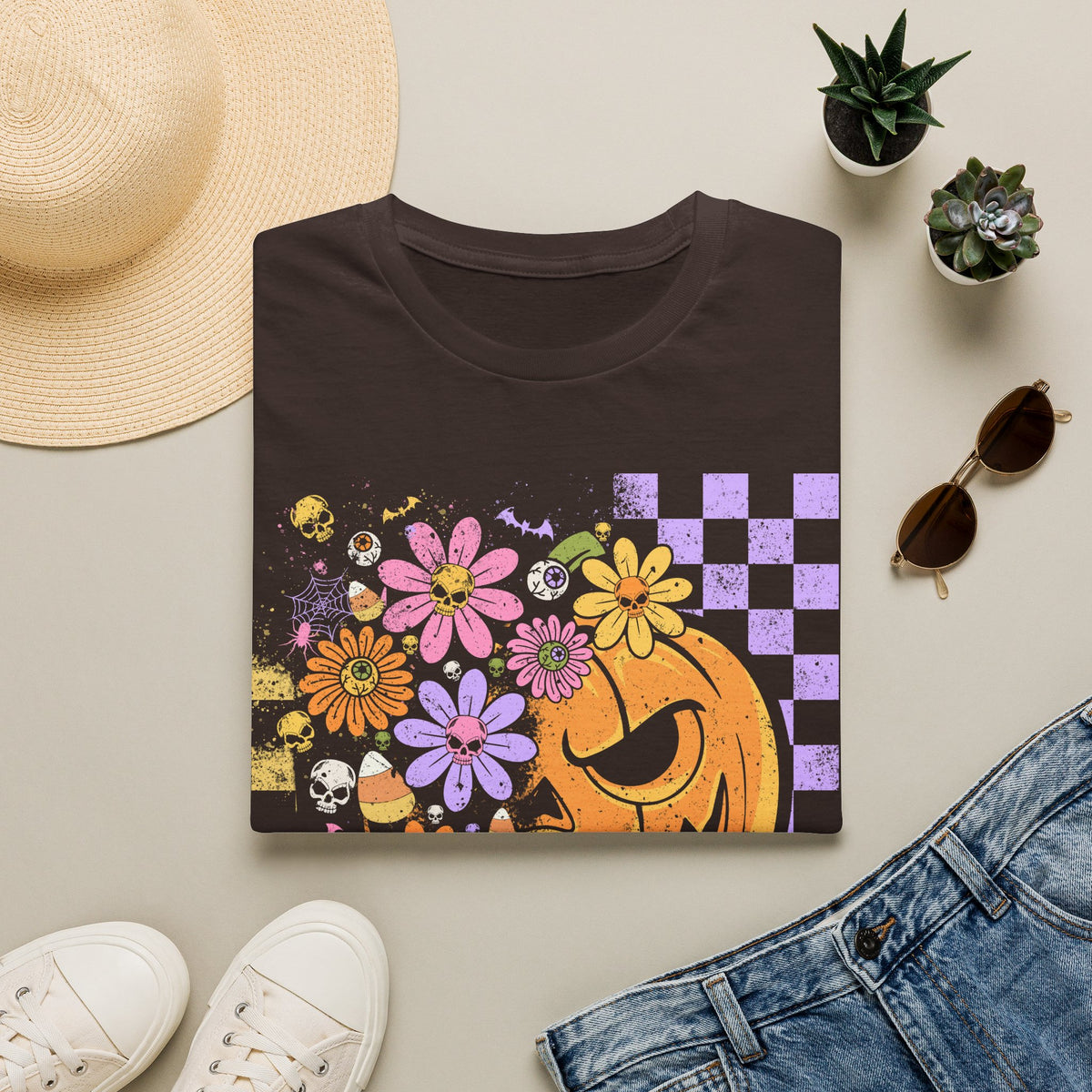 Pumpkin Smile Floral T-Shirt — Pastel Halloween Checkerboard Tee