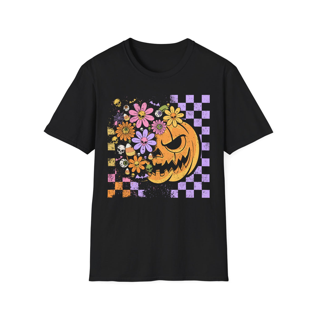 Pumpkin Smile Floral T-Shirt — Pastel Halloween Checkerboard Tee