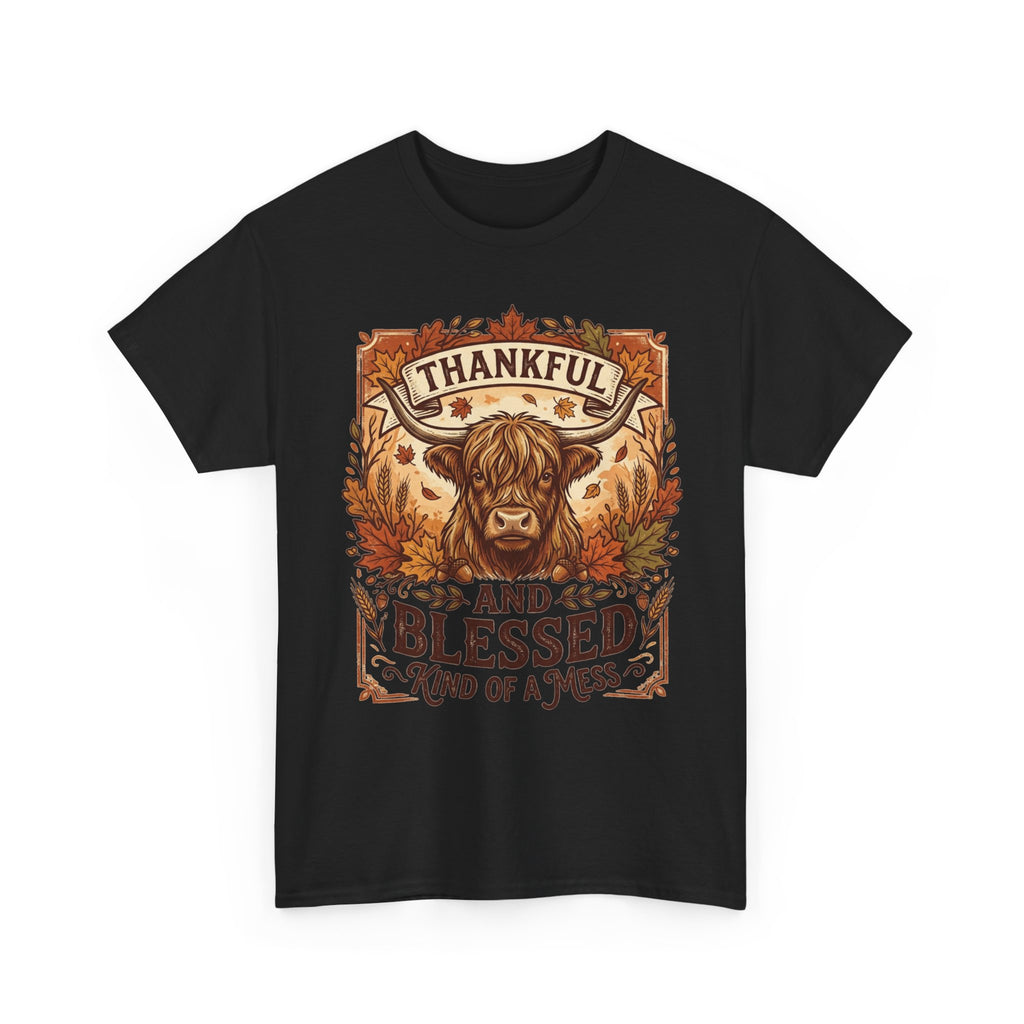 Thankful and Blessed Tee — Rustic Autumn Cow Graphic Shirt