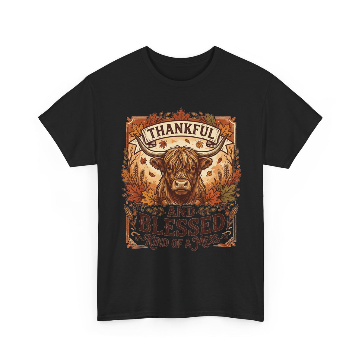 Thankful and Blessed Tee — Rustic Autumn Cow Graphic Shirt