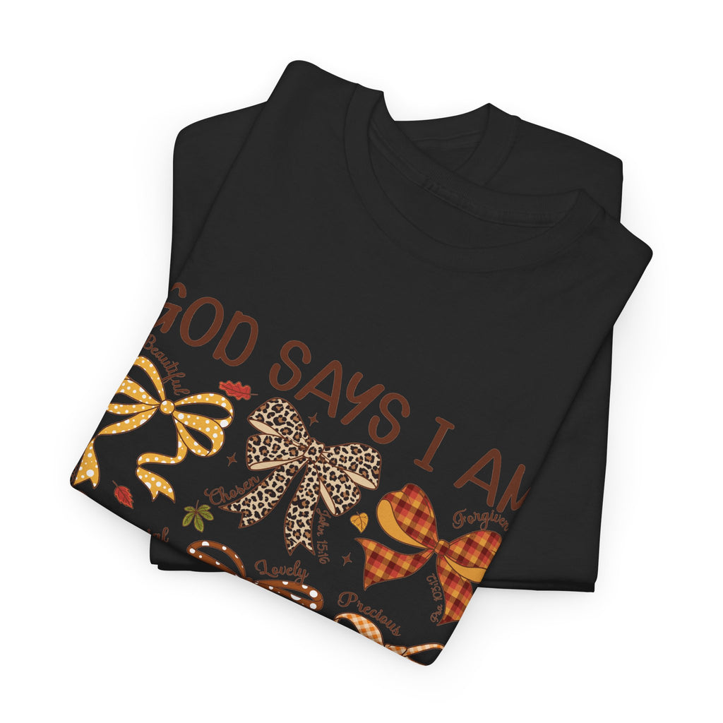 God Says I Am Bow Pattern T-Shirt — Faith-Inspired Fall Graphic Tee