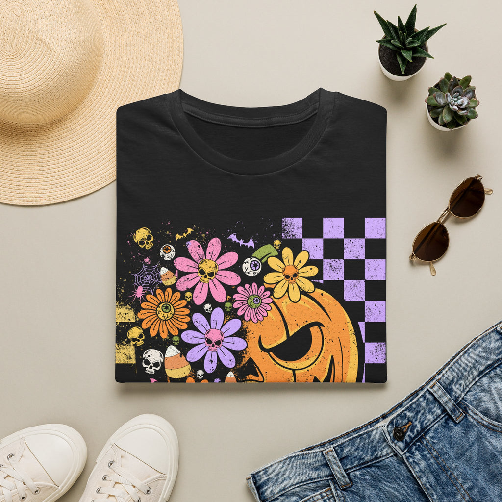 Pumpkin Smile Floral T-Shirt — Pastel Halloween Checkerboard Tee