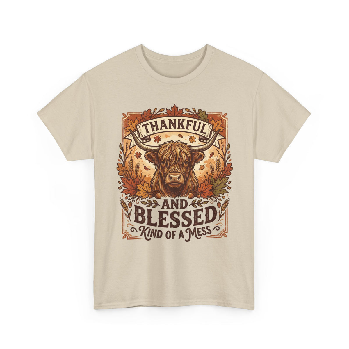 Thankful and Blessed Tee — Rustic Autumn Cow Graphic Shirt