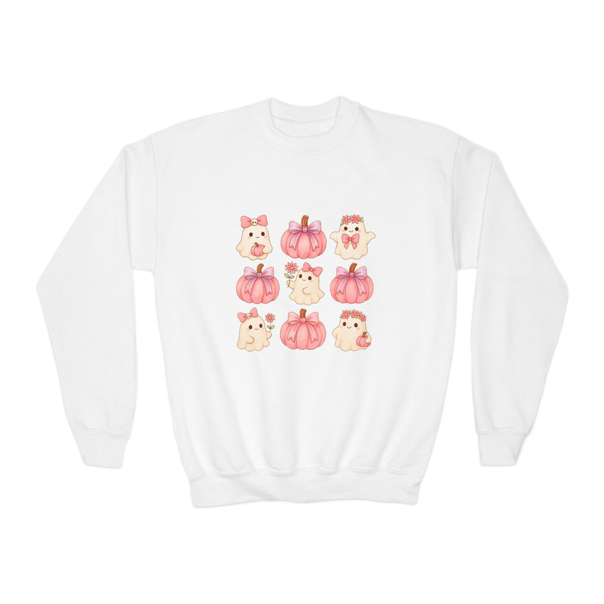 Kids' Cute Pink Pumpkins & Ghost Crewneck Sweatshirt — Fall Halloween Cozy Pullover