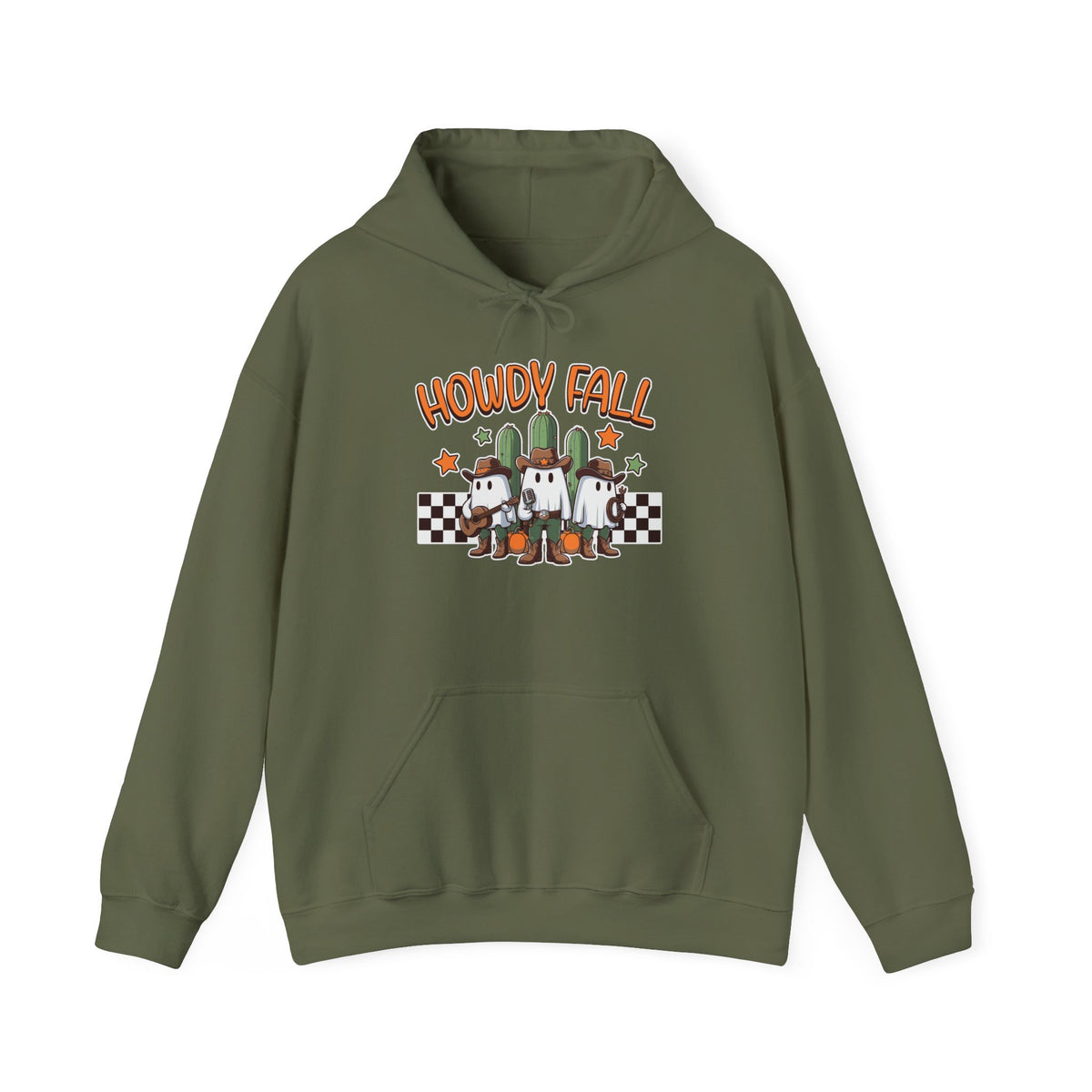 Howdy Fall Hoodie — Cute Pumpkin Ghosts & Checkerboard Autumn Pullover