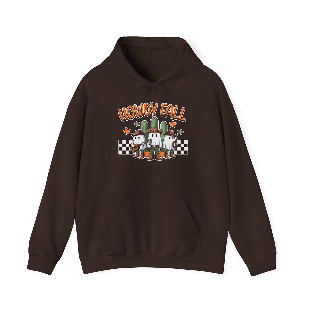 Howdy Fall Hoodie — Cute Pumpkin Ghosts & Checkerboard Autumn Pullover
