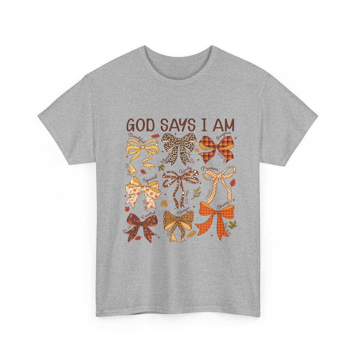 God Says I Am Bow Pattern T-Shirt — Faith-Inspired Fall Graphic Tee