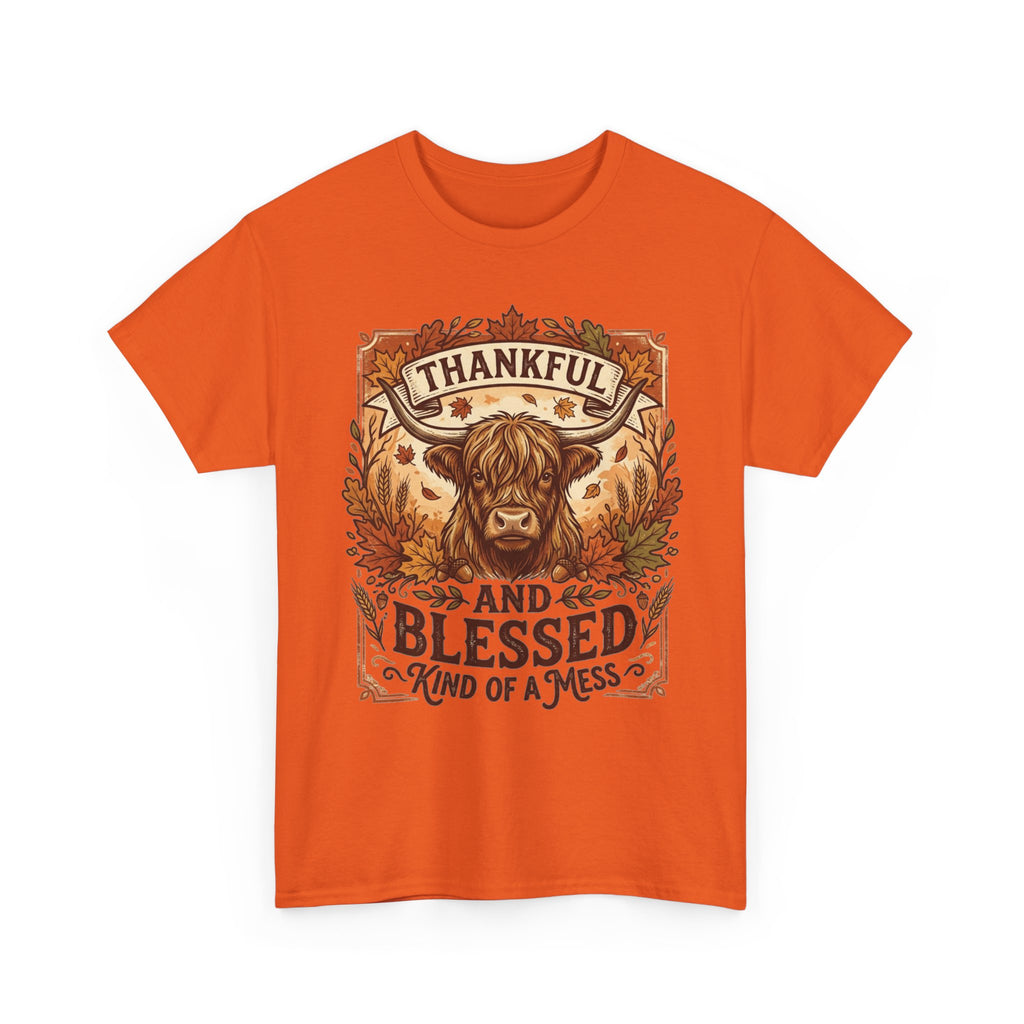 Thankful and Blessed Tee — Rustic Autumn Cow Graphic Shirt
