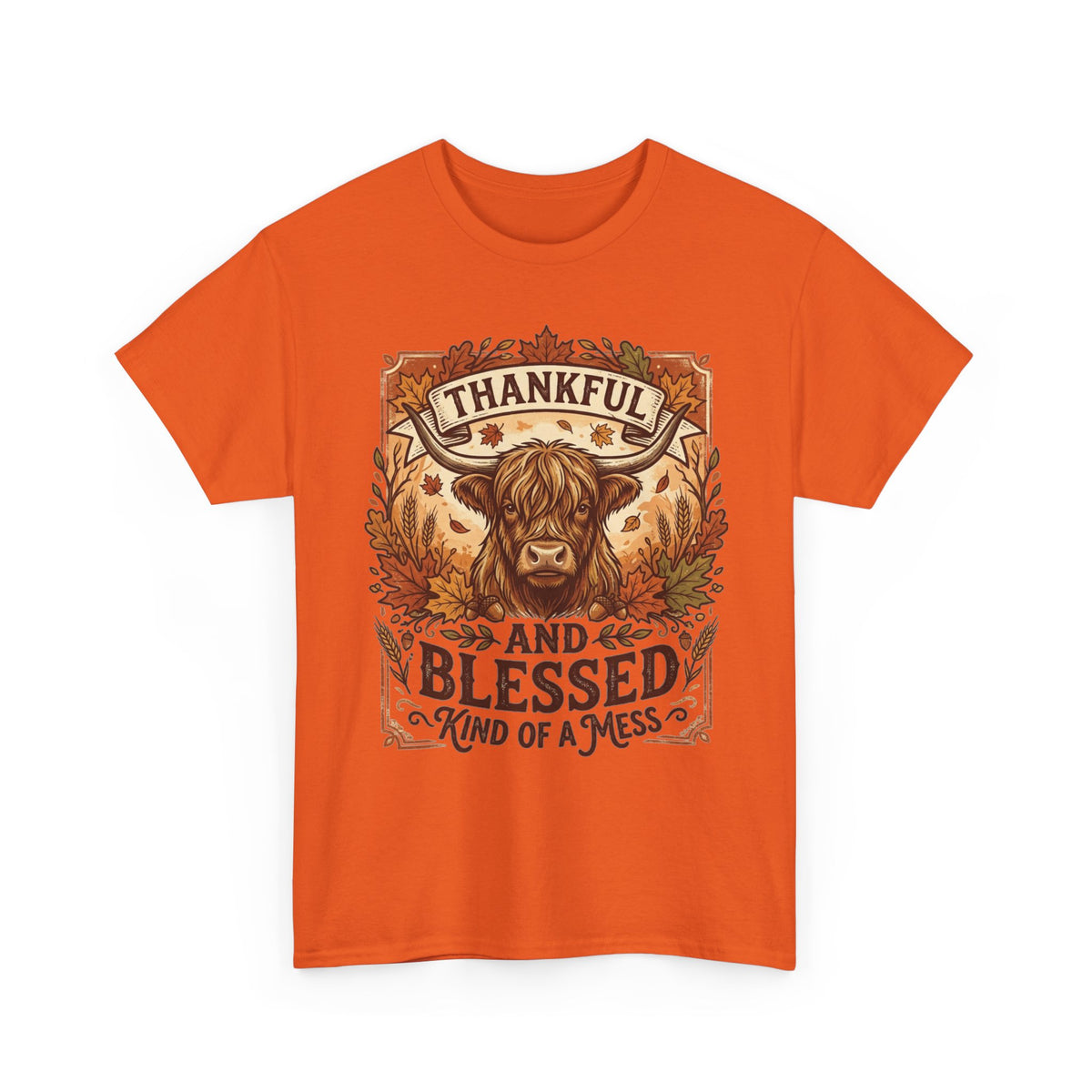 Thankful and Blessed Tee — Rustic Autumn Cow Graphic Shirt