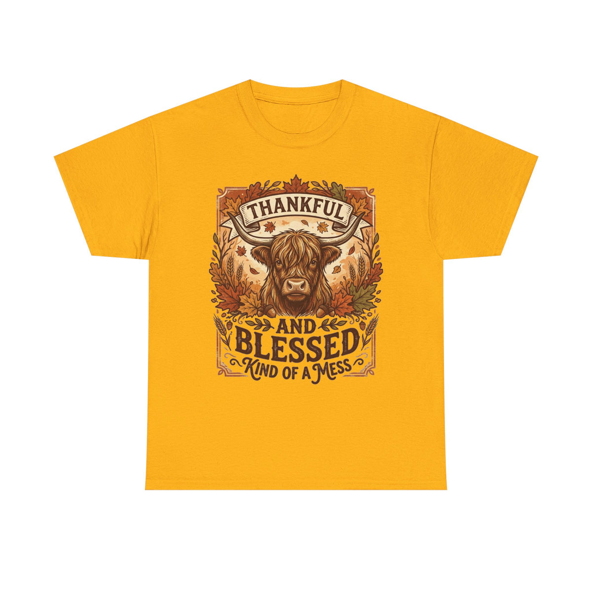 Thankful and Blessed Tee — Rustic Autumn Cow Graphic Shirt