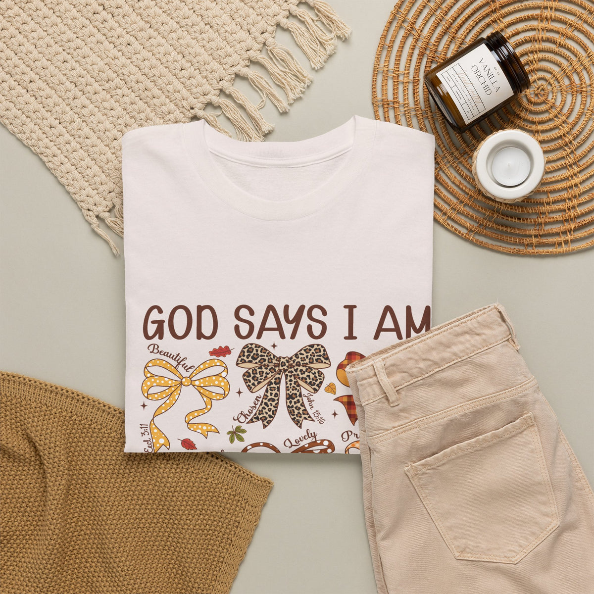 God Says I Am Bow Pattern T-Shirt — Faith-Inspired Fall Graphic Tee