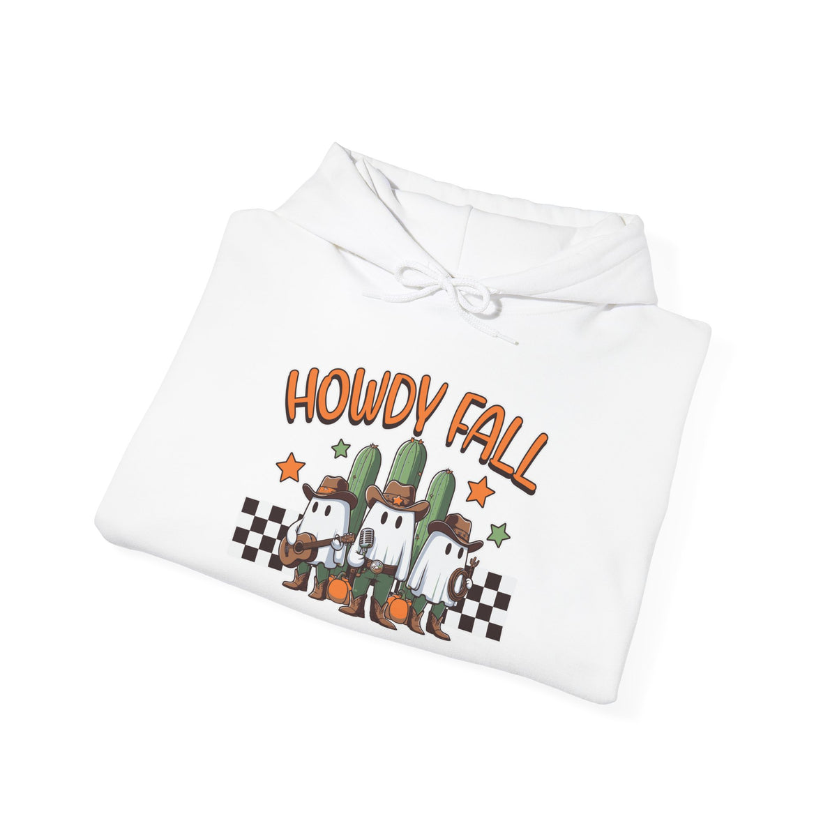 Howdy Fall Hoodie — Cute Pumpkin Ghosts & Checkerboard Autumn Pullover