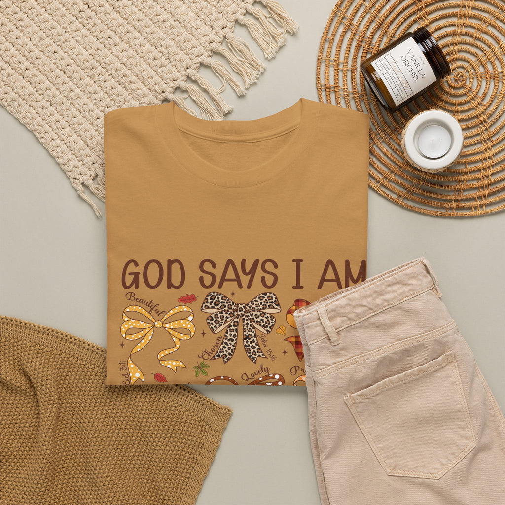 God Says I Am Bow Pattern T-Shirt — Faith-Inspired Fall Graphic Tee