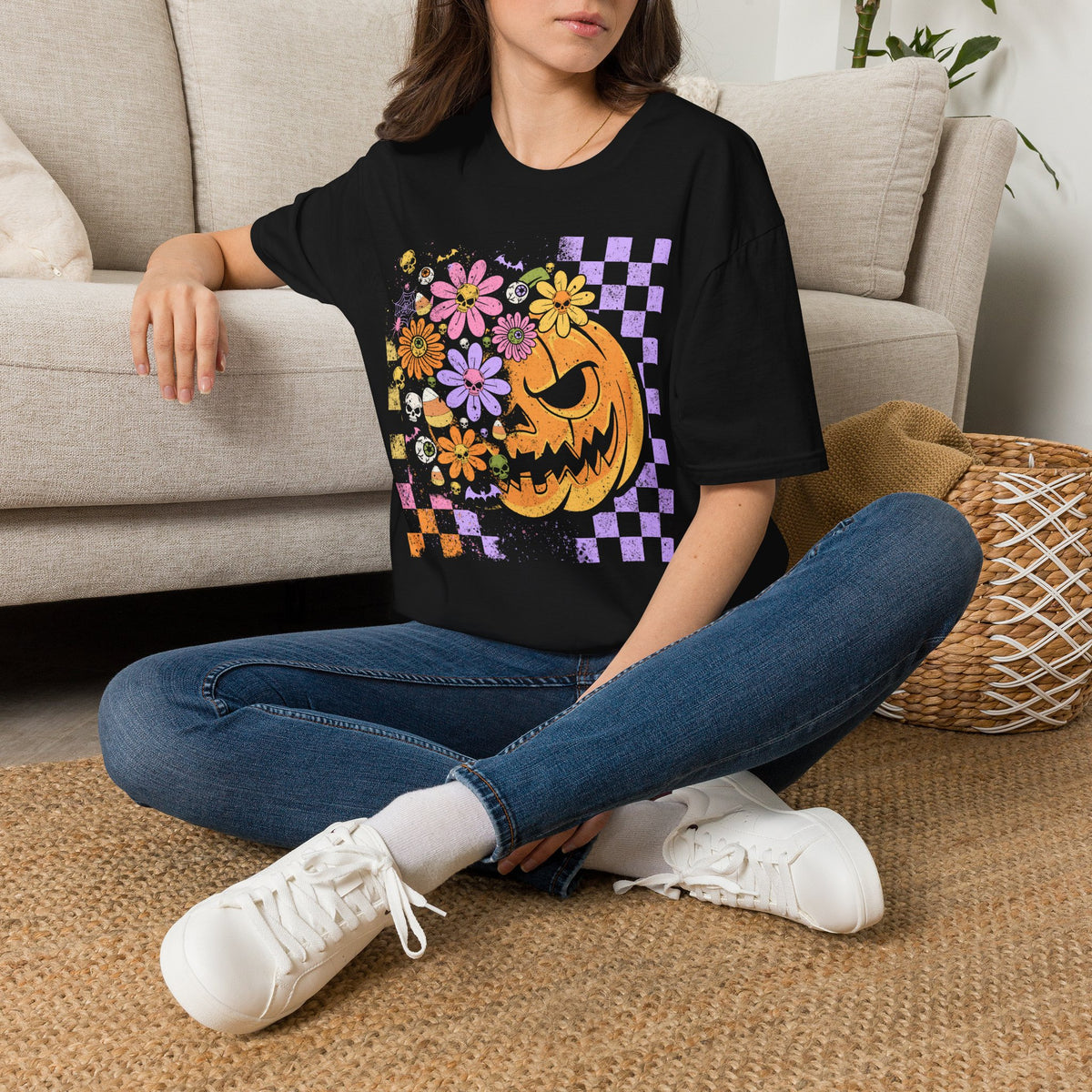 Pumpkin Smile Floral T-Shirt — Pastel Halloween Checkerboard Tee