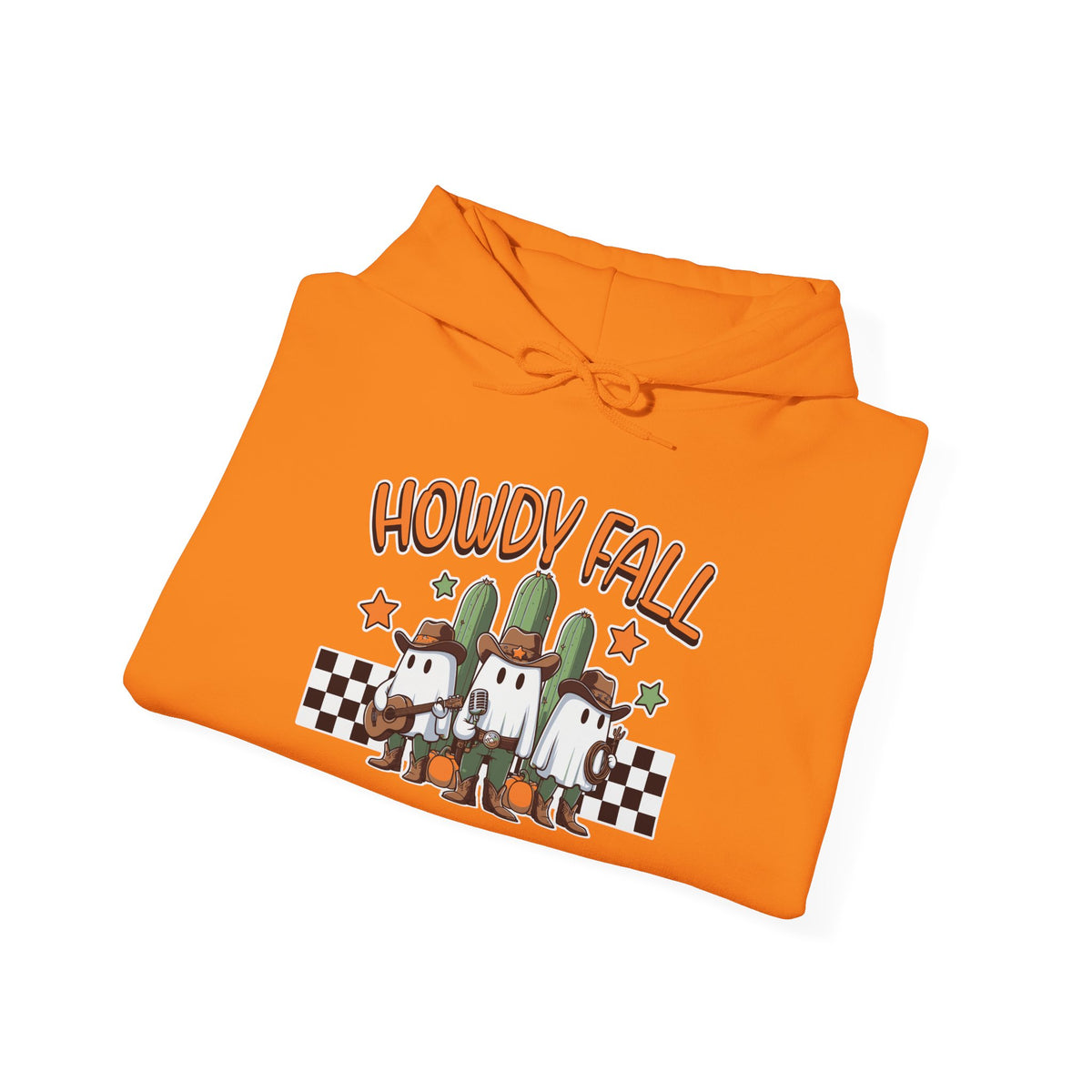 Howdy Fall Hoodie — Cute Pumpkin Ghosts & Checkerboard Autumn Pullover