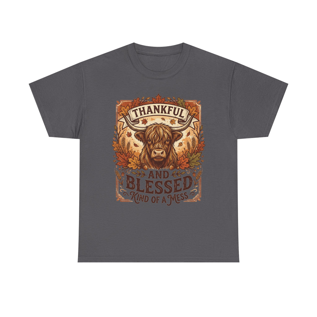 Thankful and Blessed Tee — Rustic Autumn Cow Graphic Shirt