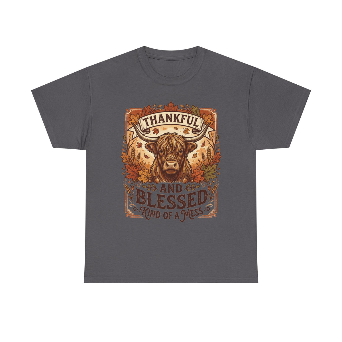 Thankful and Blessed Tee — Rustic Autumn Cow Graphic Shirt