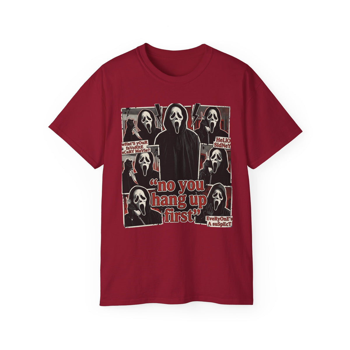 Scream Movie Graphic Tee — “no you hang up first” Horror Fan T-Shirt