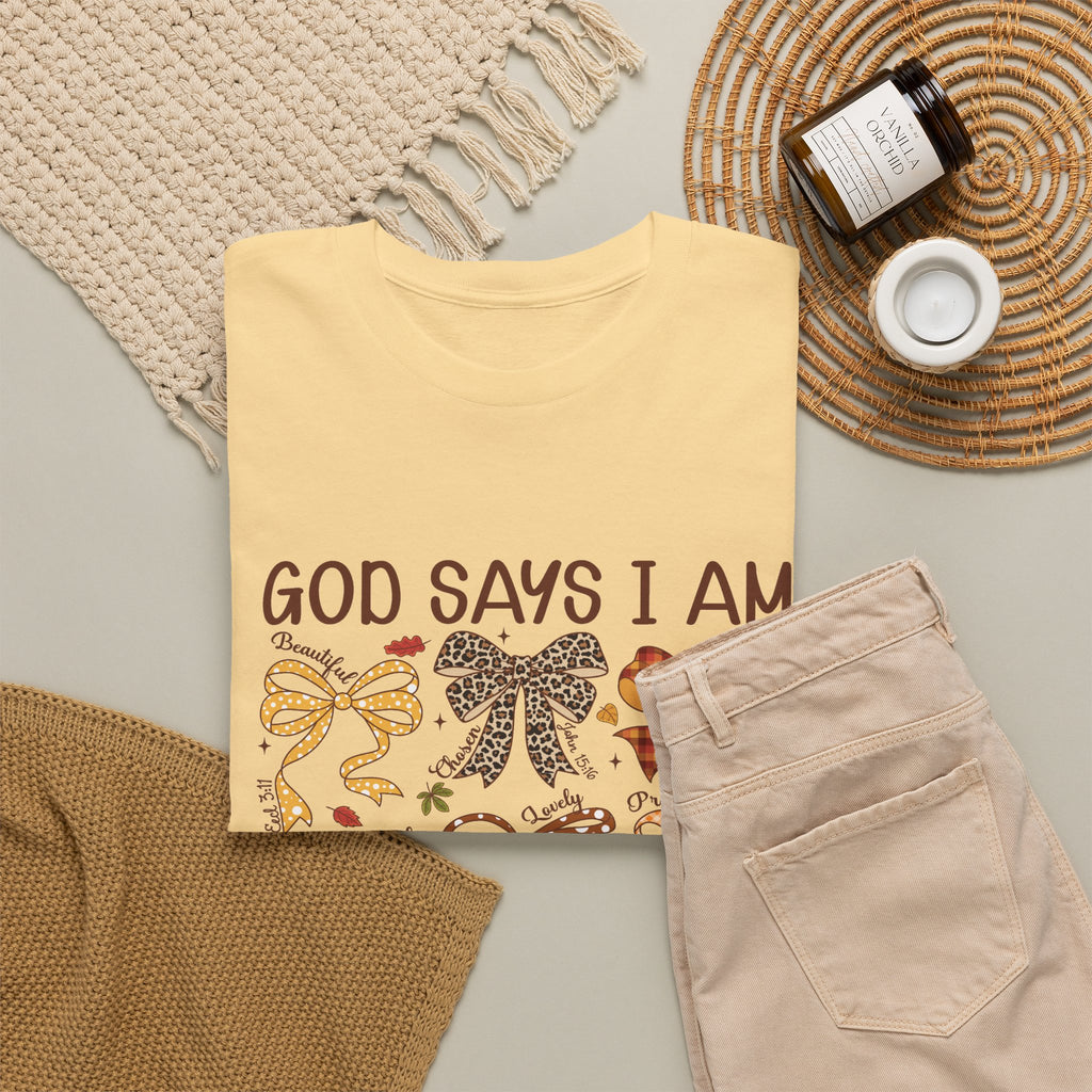 God Says I Am Bow Pattern T-Shirt — Faith-Inspired Fall Graphic Tee