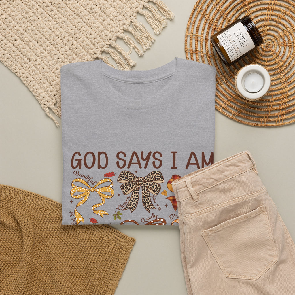God Says I Am Bow Pattern T-Shirt — Faith-Inspired Fall Graphic Tee
