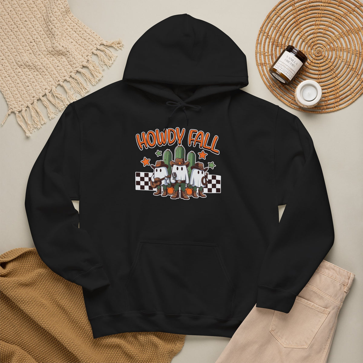 Howdy Fall Hoodie — Cute Pumpkin Ghosts & Checkerboard Autumn Pullover