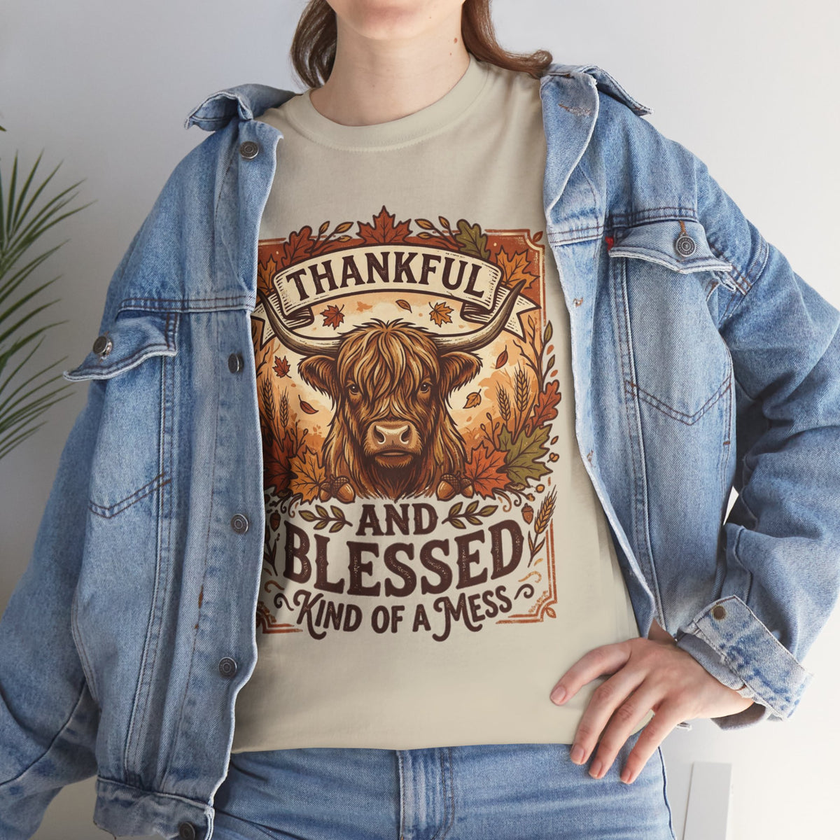 Thankful and Blessed Tee — Rustic Autumn Cow Graphic Shirt