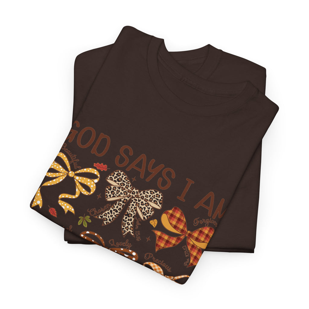 God Says I Am Bow Pattern T-Shirt — Faith-Inspired Fall Graphic Tee