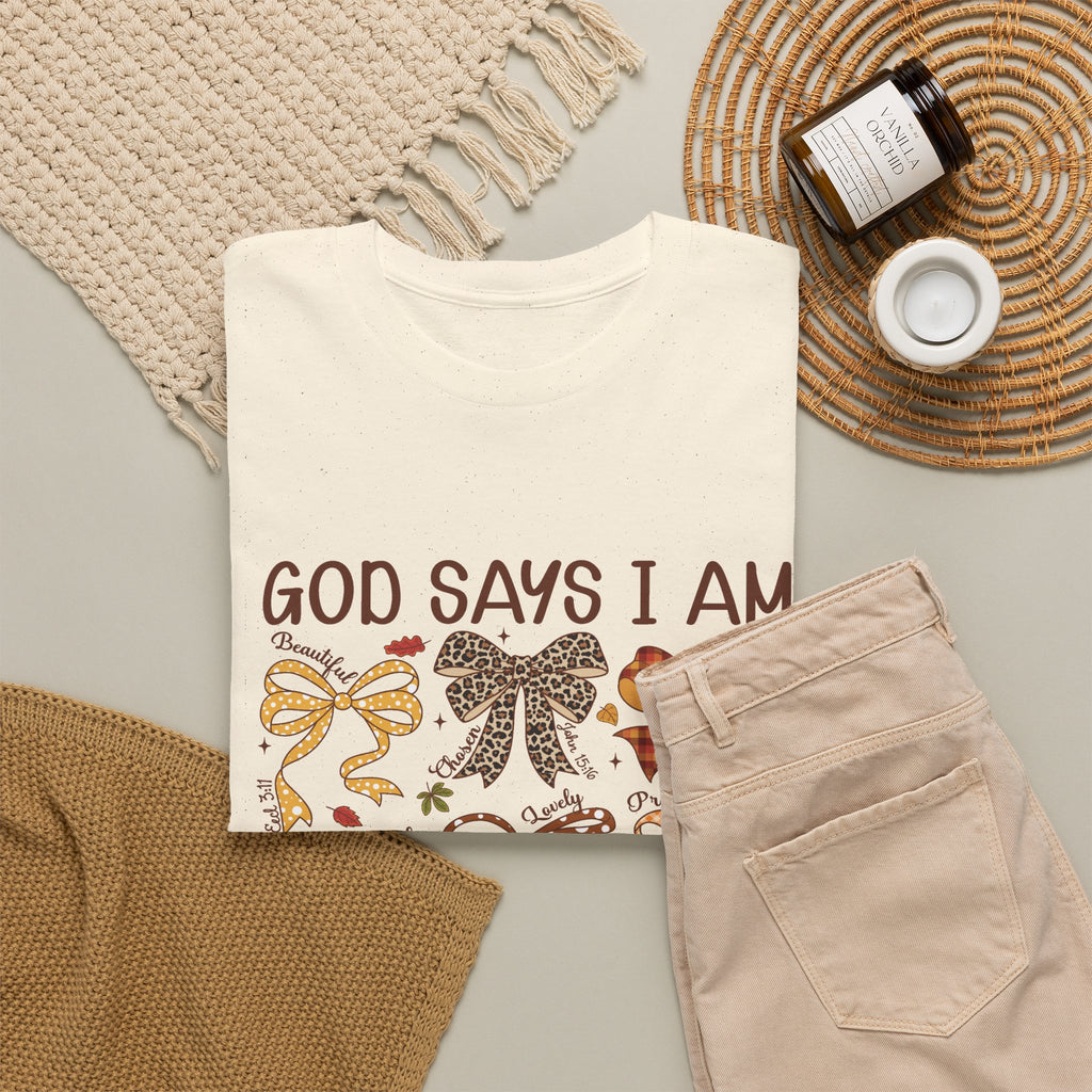 God Says I Am Bow Pattern T-Shirt — Faith-Inspired Fall Graphic Tee