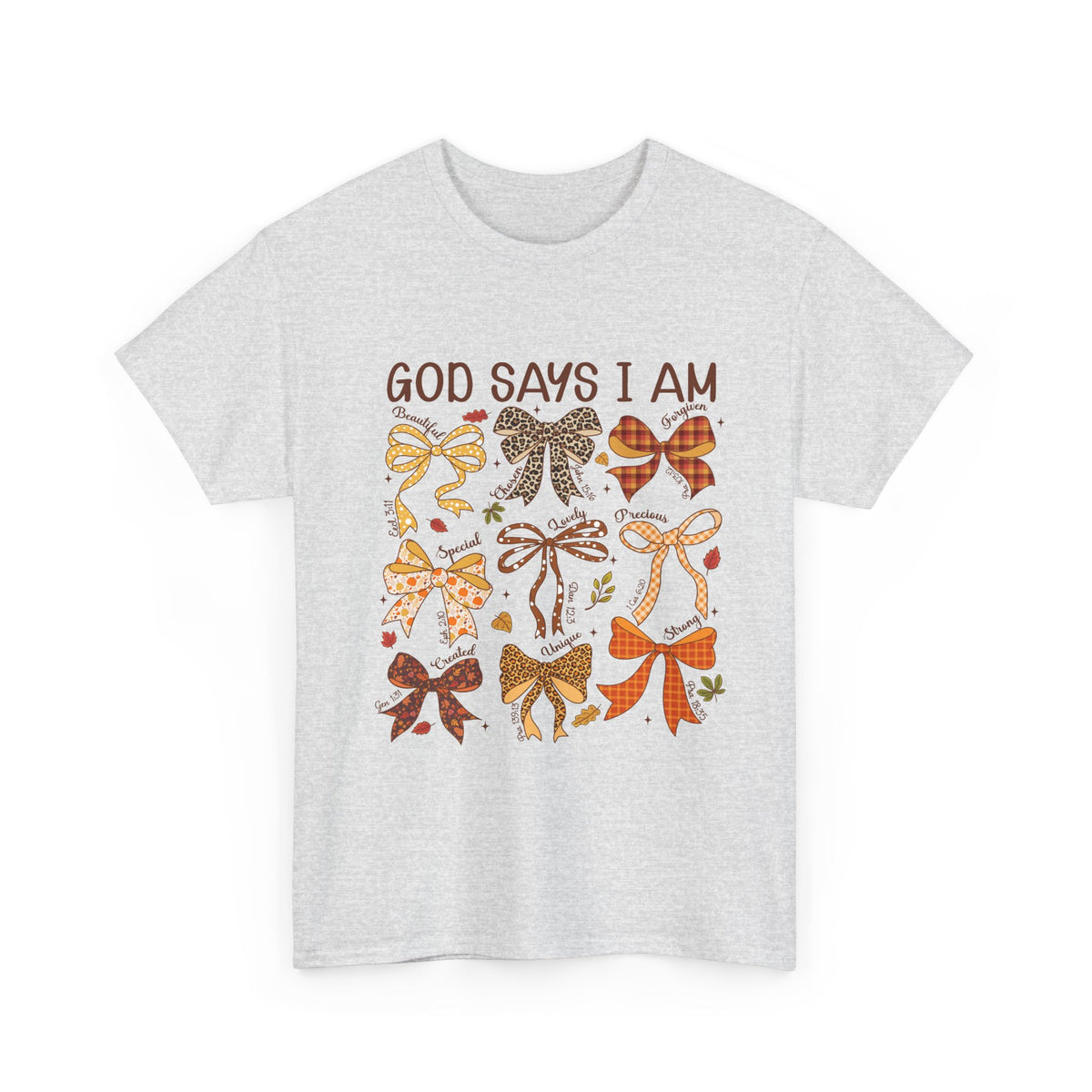 God Says I Am Bow Pattern T-Shirt — Faith-Inspired Fall Graphic Tee