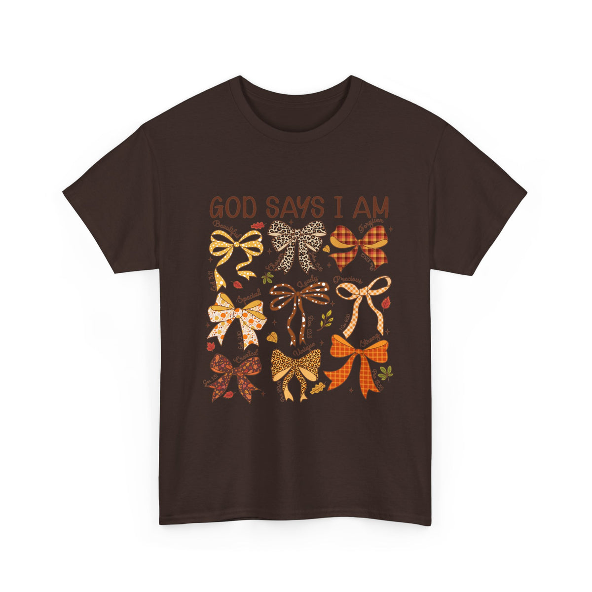 God Says I Am Bow Pattern T-Shirt — Faith-Inspired Fall Graphic Tee