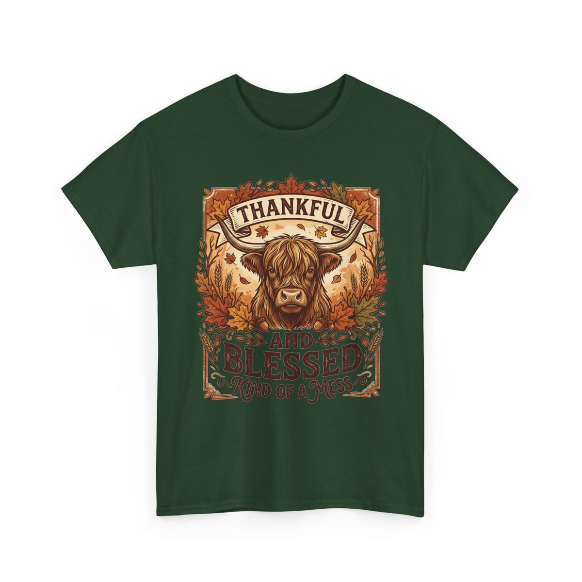Thankful and Blessed Tee — Rustic Autumn Cow Graphic Shirt