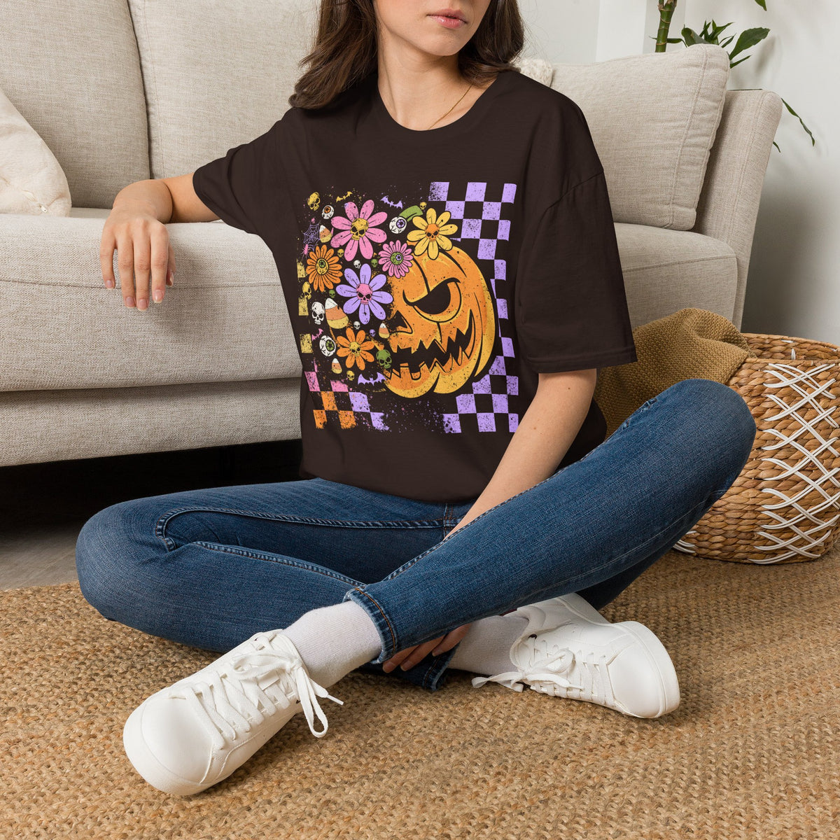 Pumpkin Smile Floral T-Shirt — Pastel Halloween Checkerboard Tee