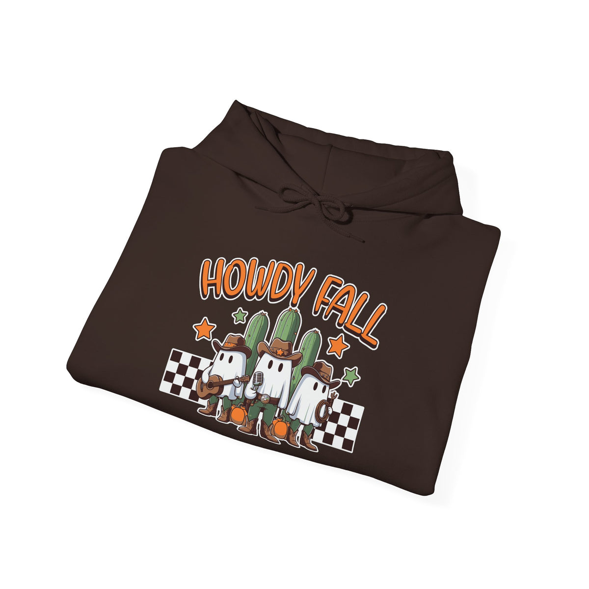 Howdy Fall Hoodie — Cute Pumpkin Ghosts & Checkerboard Autumn Pullover
