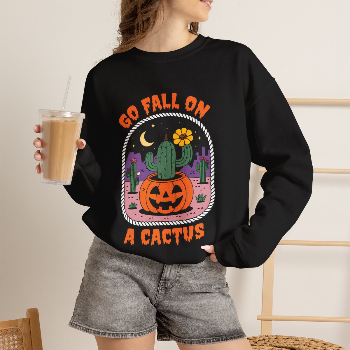 Fall On A Cactus Sweatshirt — Funny Halloween Pumpkin Cactus Crewneck, Adult humor.